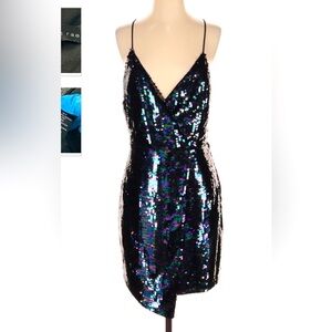 HOT LBD by Adelyn Rae. Sz S, Black iridescent sequin wrap dress.